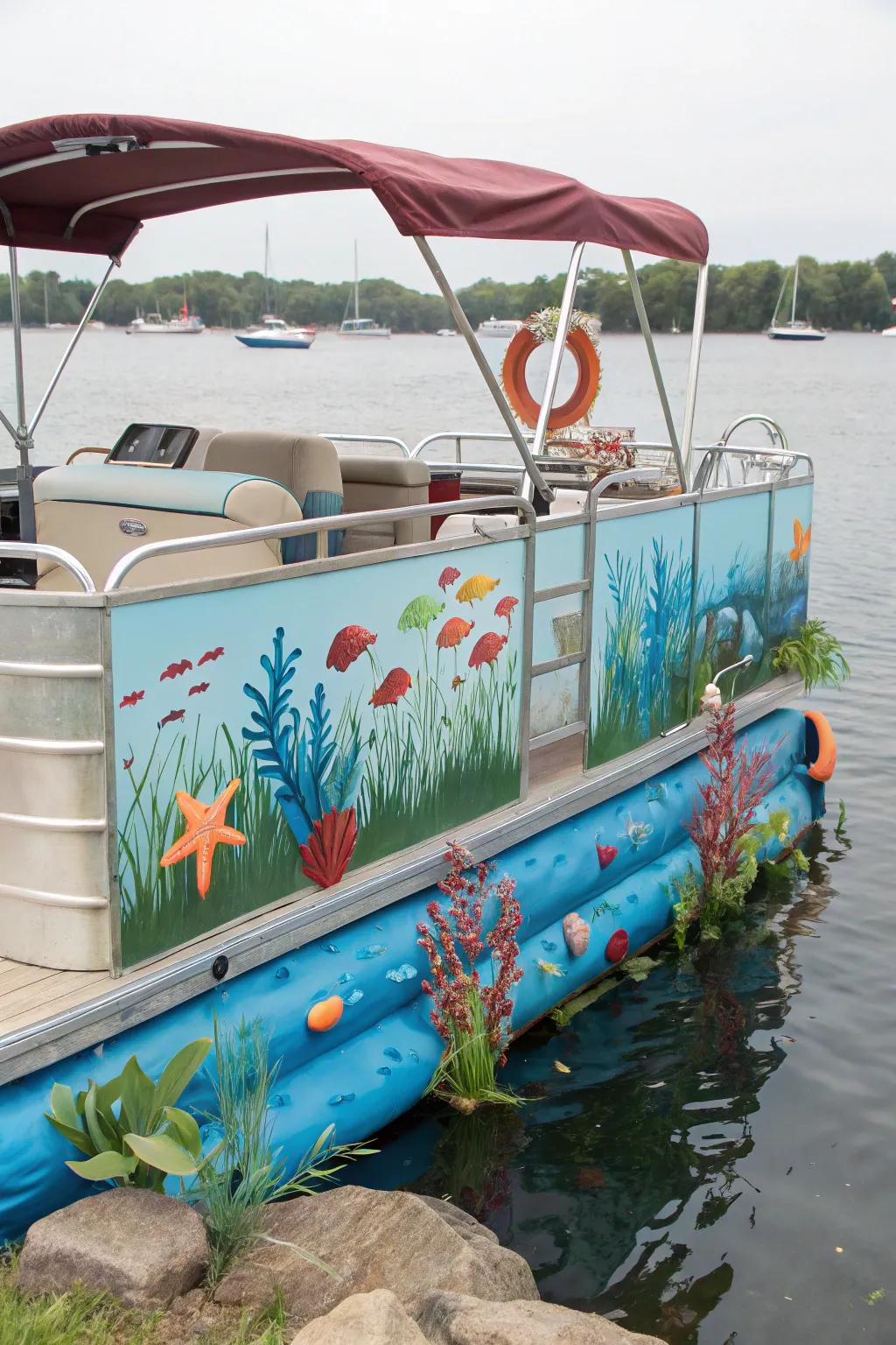 A pontoon boat designed with an under the sea theme, featuring vibrant marine decorations.