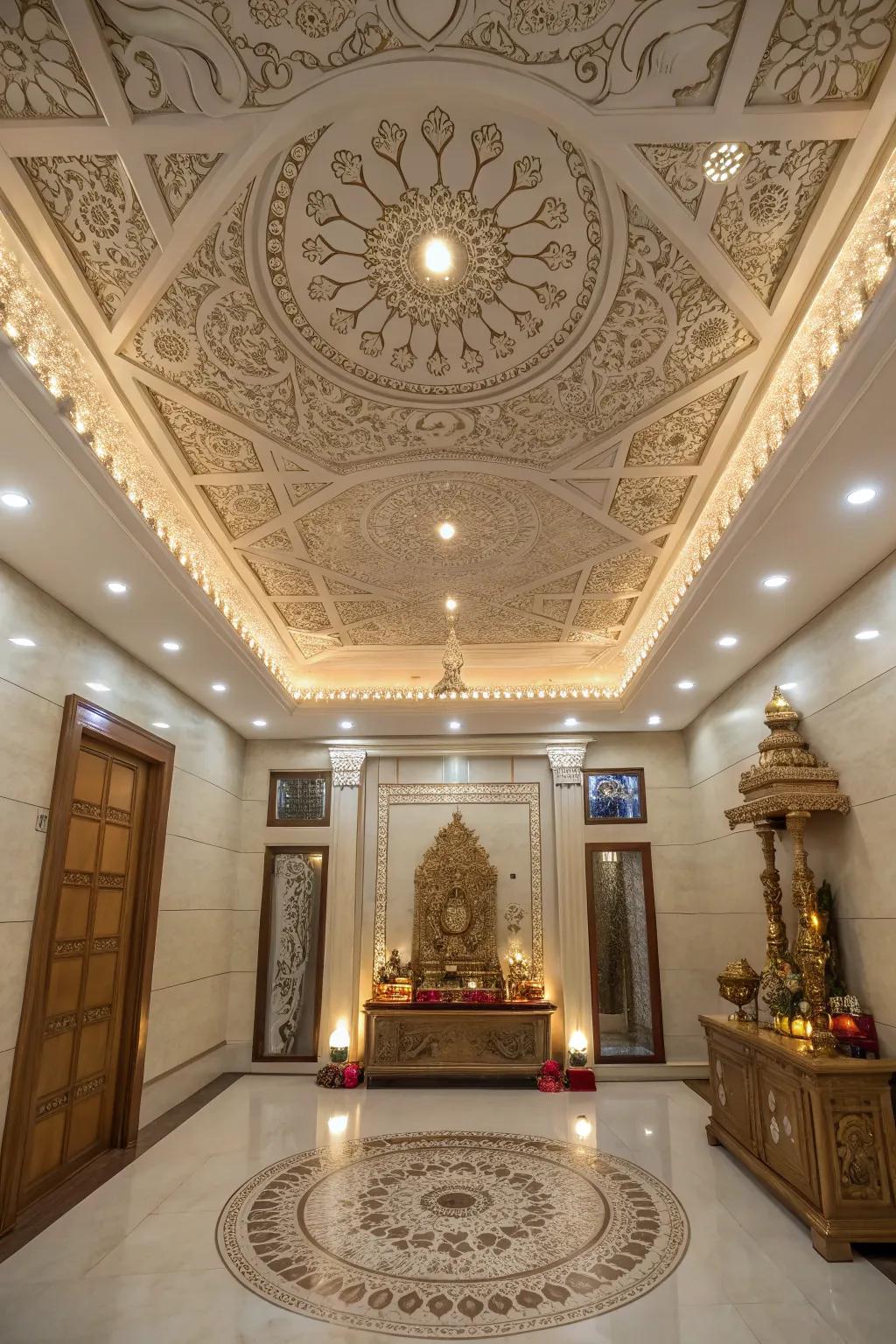 Intricate ceiling details add an elevated aesthetic to this pooja room.
