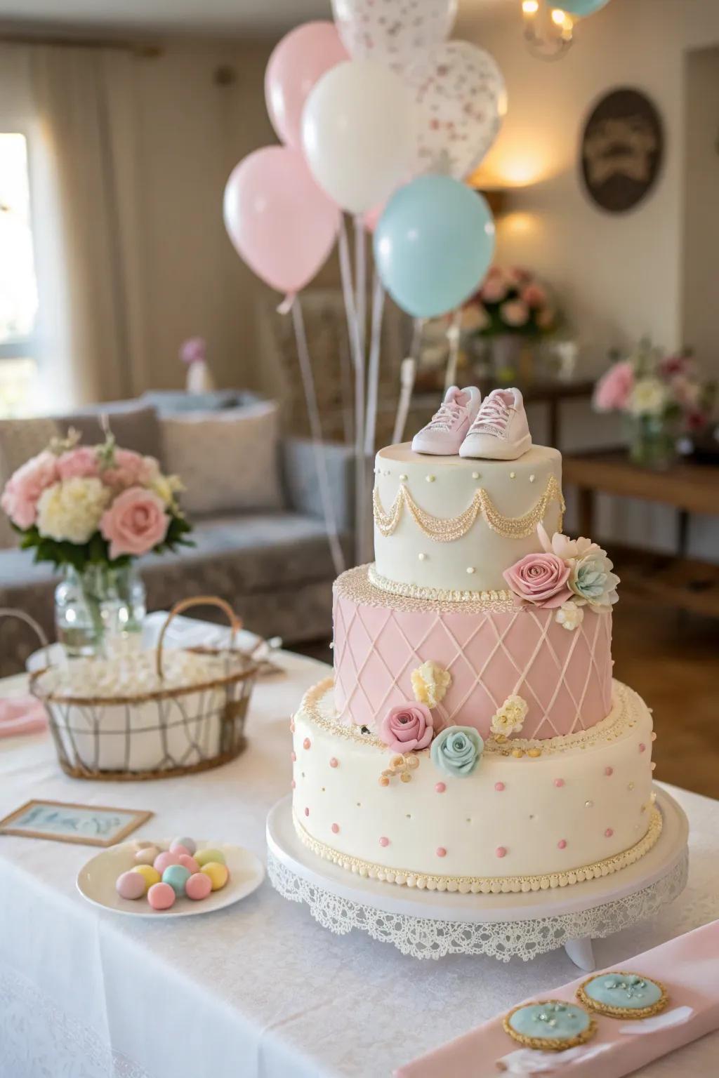 A bespoke infant celebration confection that functions both as a visual focal point and a delectable indulgence.