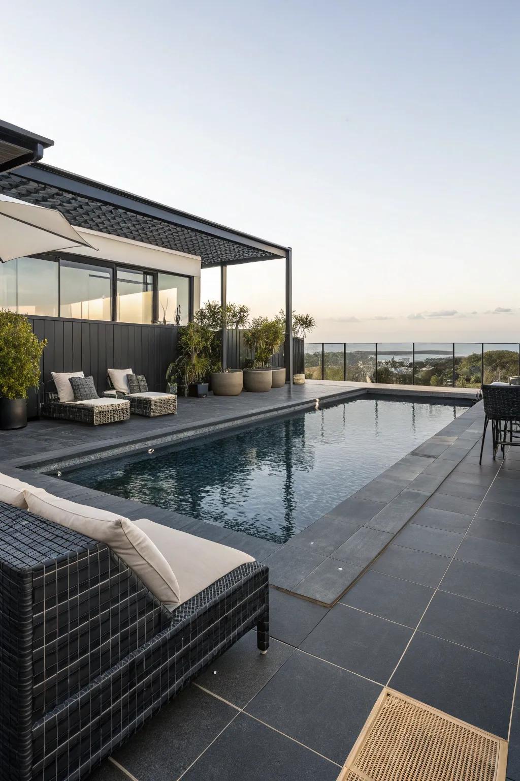 Midnight black tiles offer a sleek and luxurious poolside style.