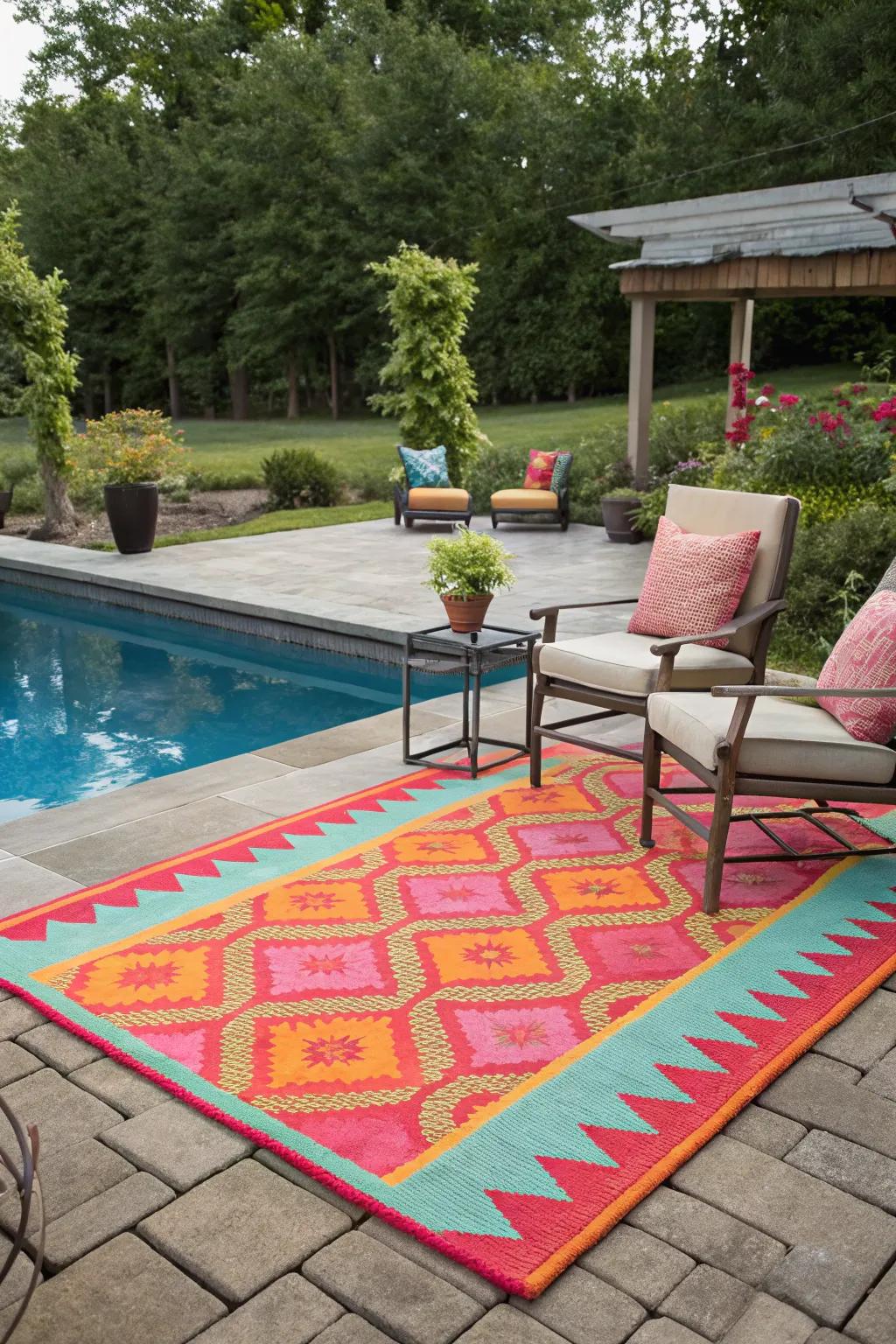 Colorful outdoor rugs add personality and define spaces on your pool deck.