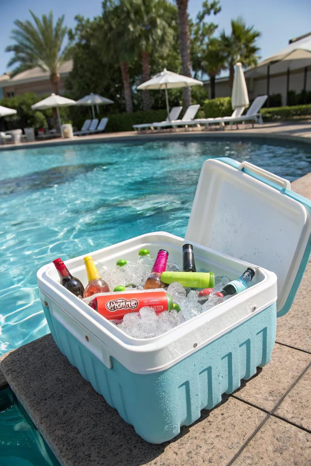 A floating cooler keeps refreshments within reach while you swim.