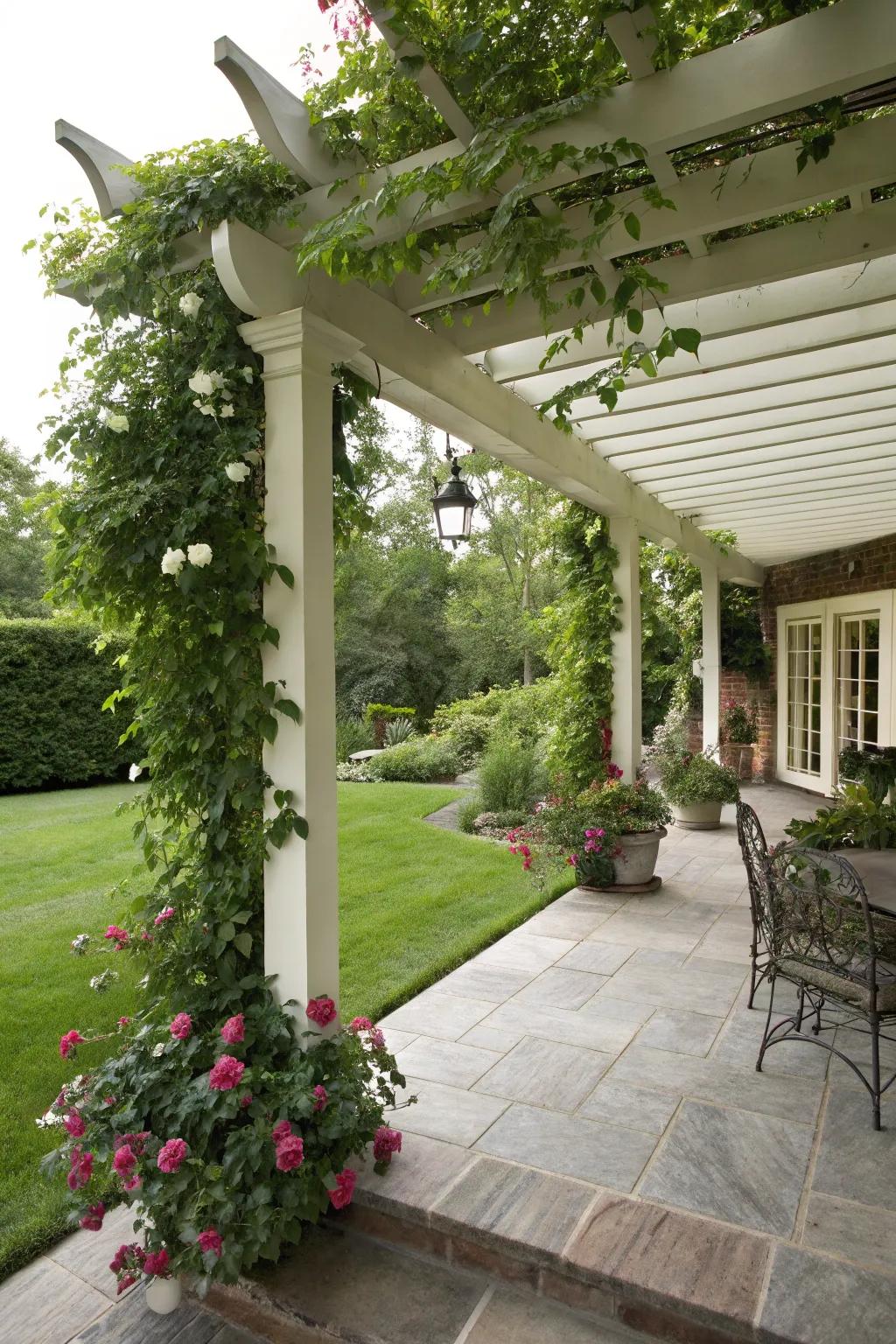 A porch addition with a chic overhead structure and climbing plants.