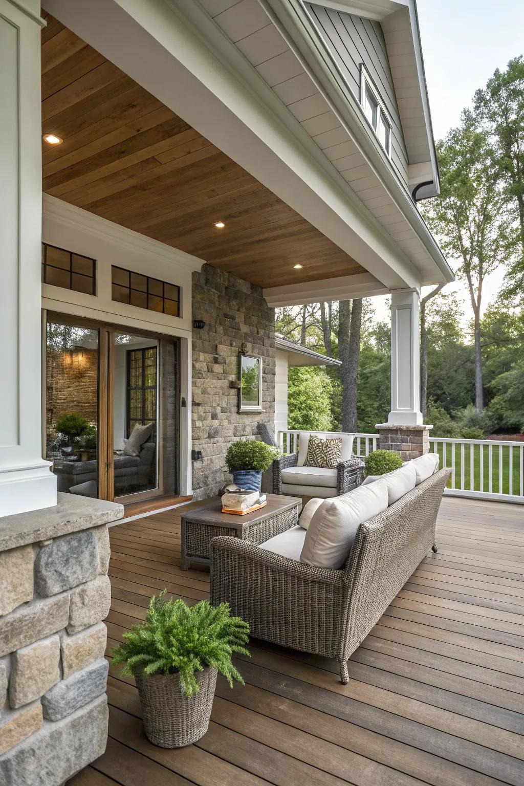 A fluid design knee wall that unites indoor and outdoor spaces.