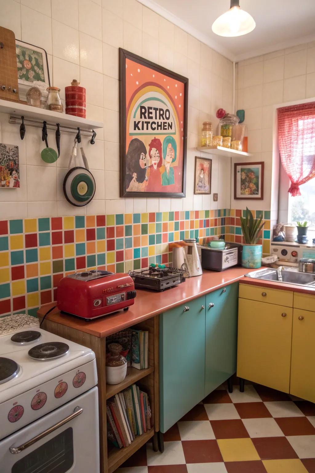 A retro name poster adding nostalgia and a playful vibe to a lively kitchen.