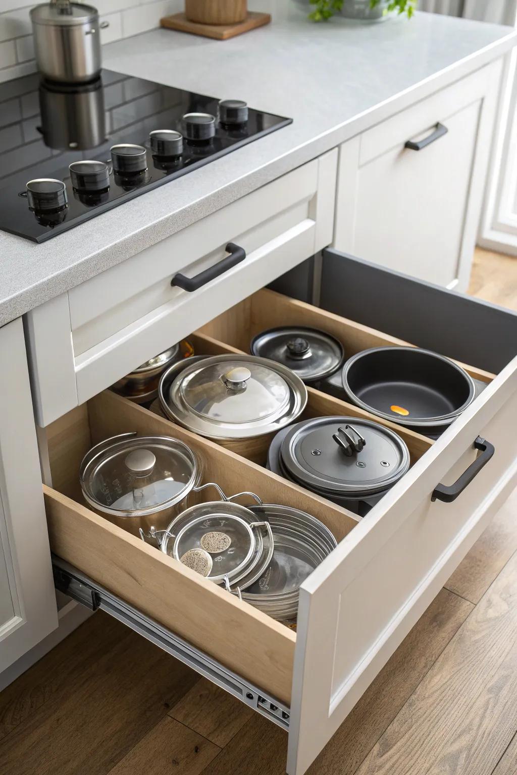 A dedicated drawer keeps pot lids organized and hidden.