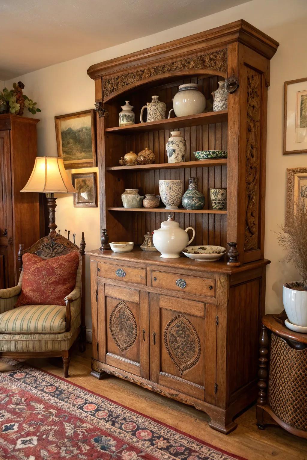 A vintage cupboard displaying heirloom pottery.