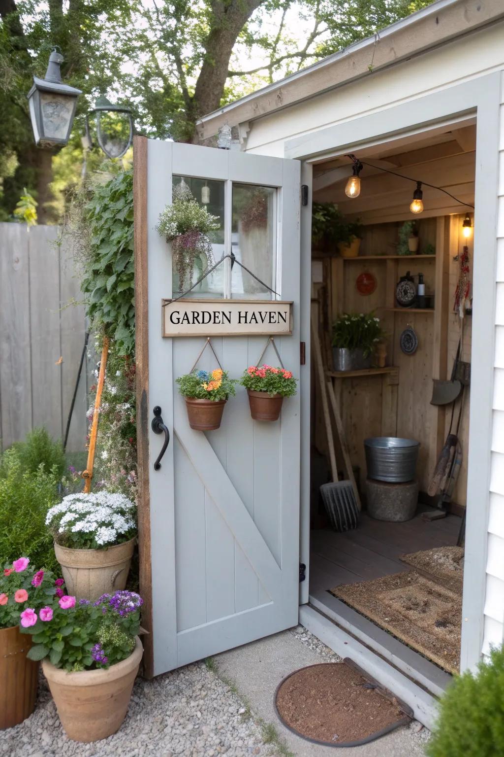 A potting shed featuring a customized flair.