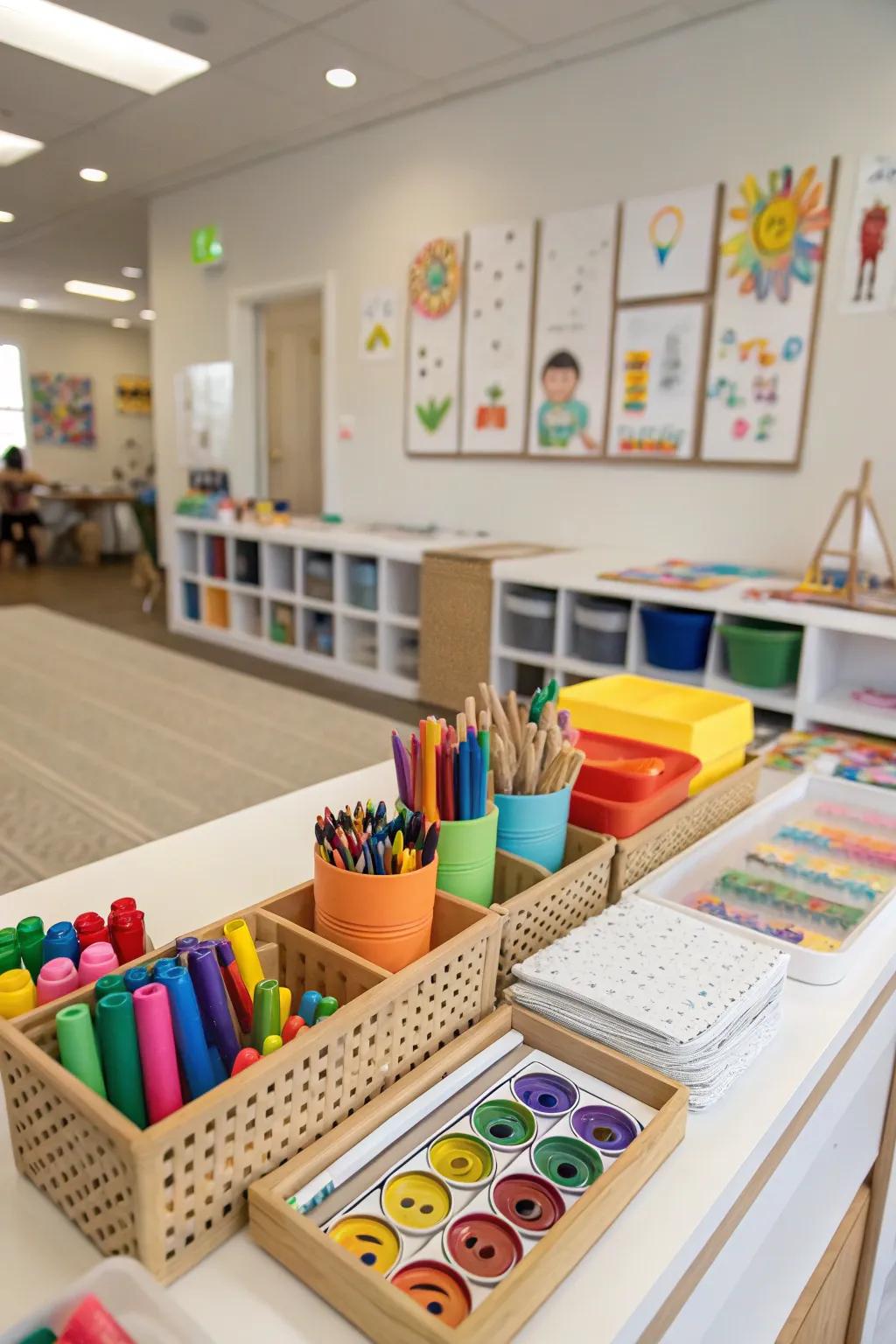 An organized art and craft area designed to encourage creativity.