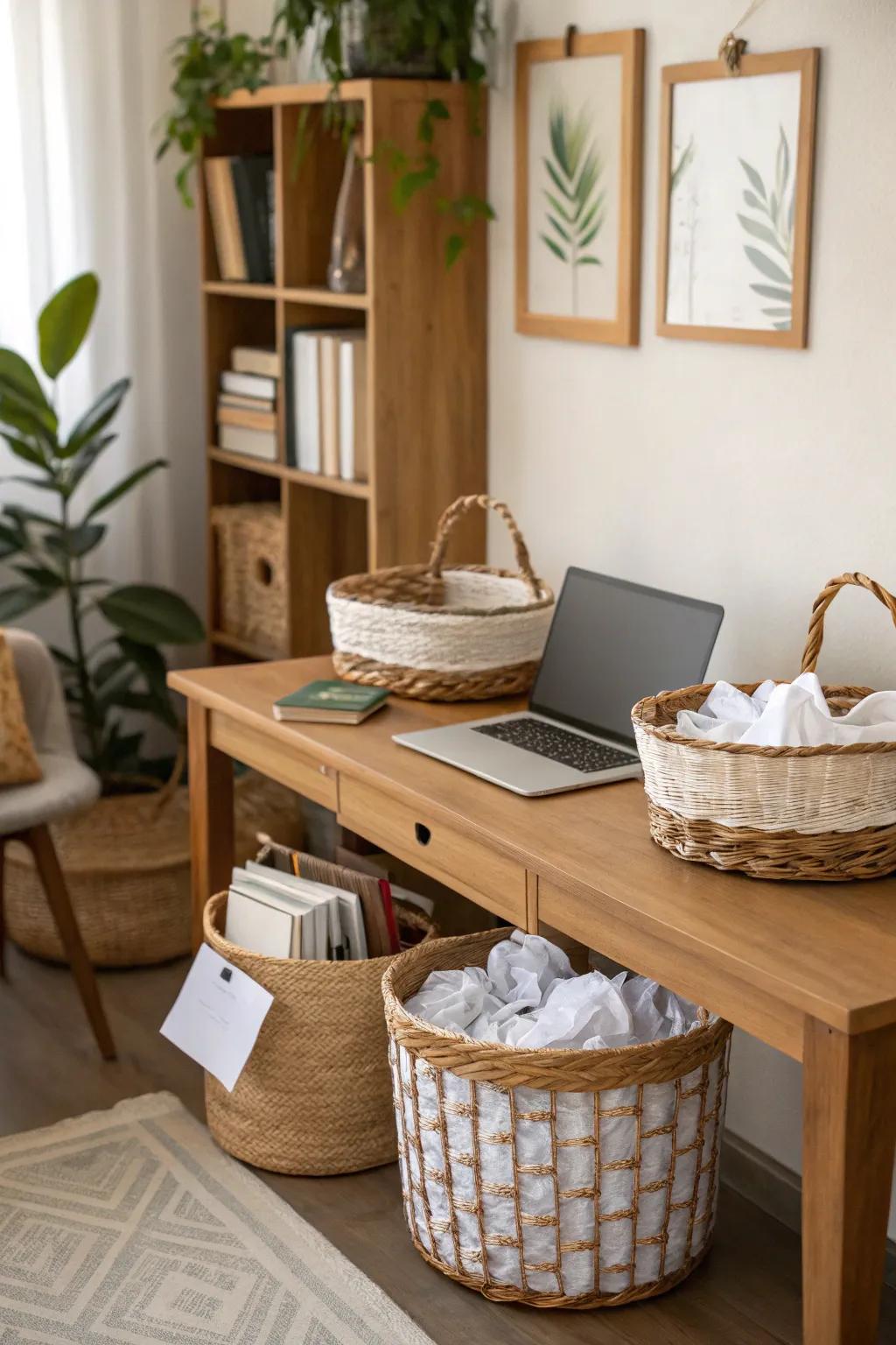 Decorative baskets for a cozy and accessible paper storage solution.