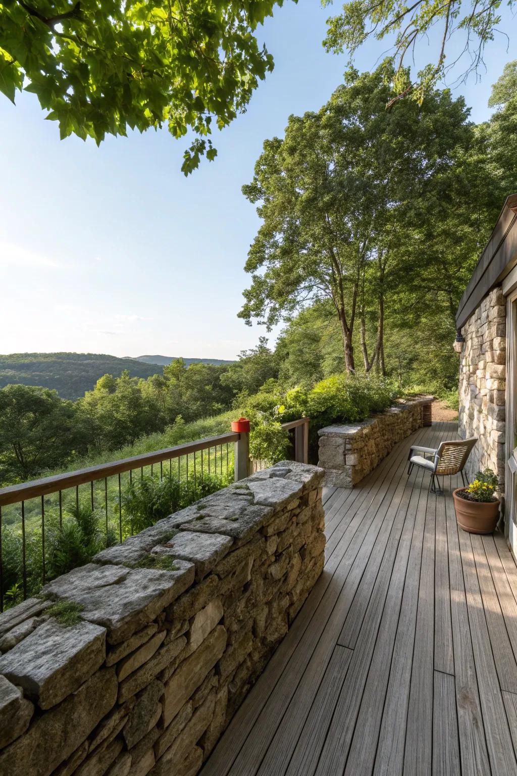 A countryside stone wall introduces seclusion and allure to a deck.