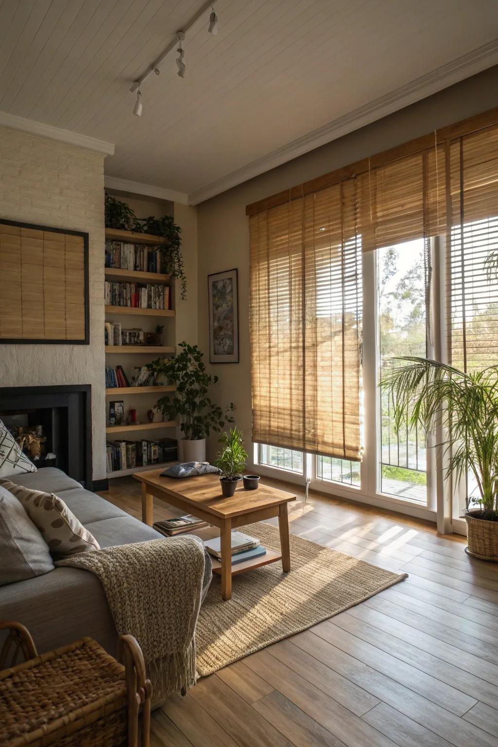 Cane panels offer a warm, textured privacy solution.