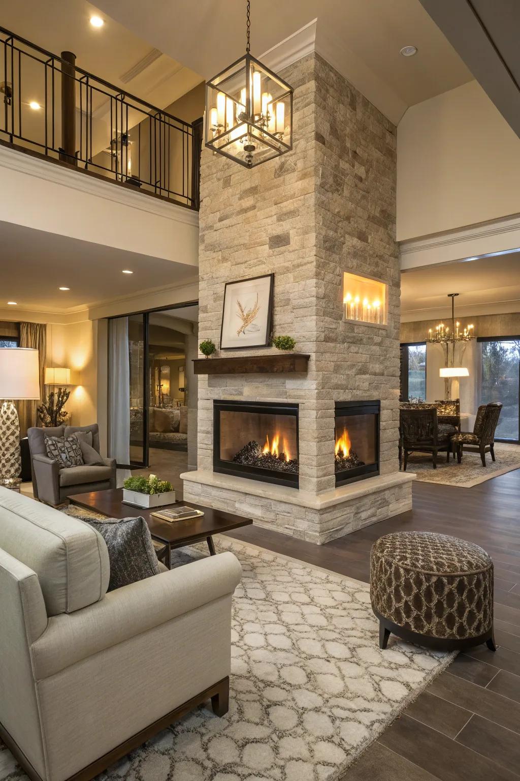 An open-plan space featuring a dual-view propane fireplace.