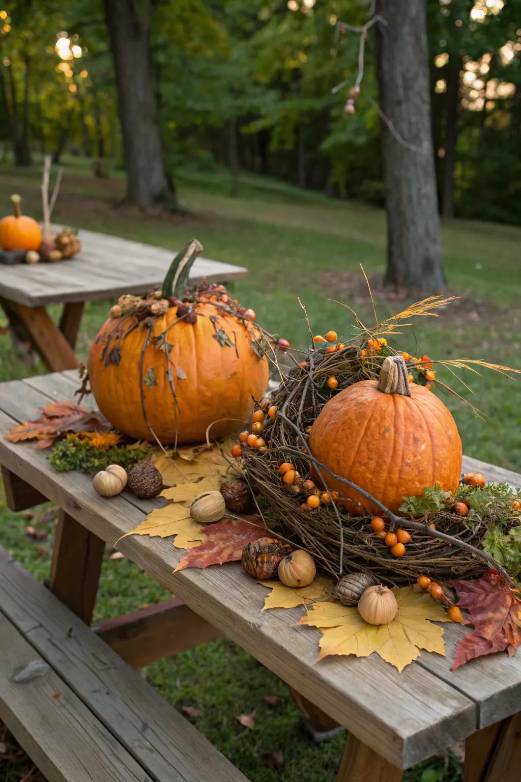 Natural themed pumpkins with a country charm.