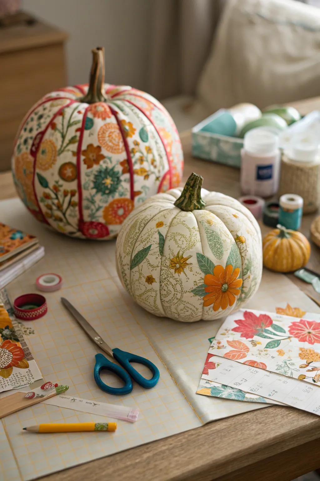 Pumpkins covered in decoupage, showcasing a patchwork of colors.