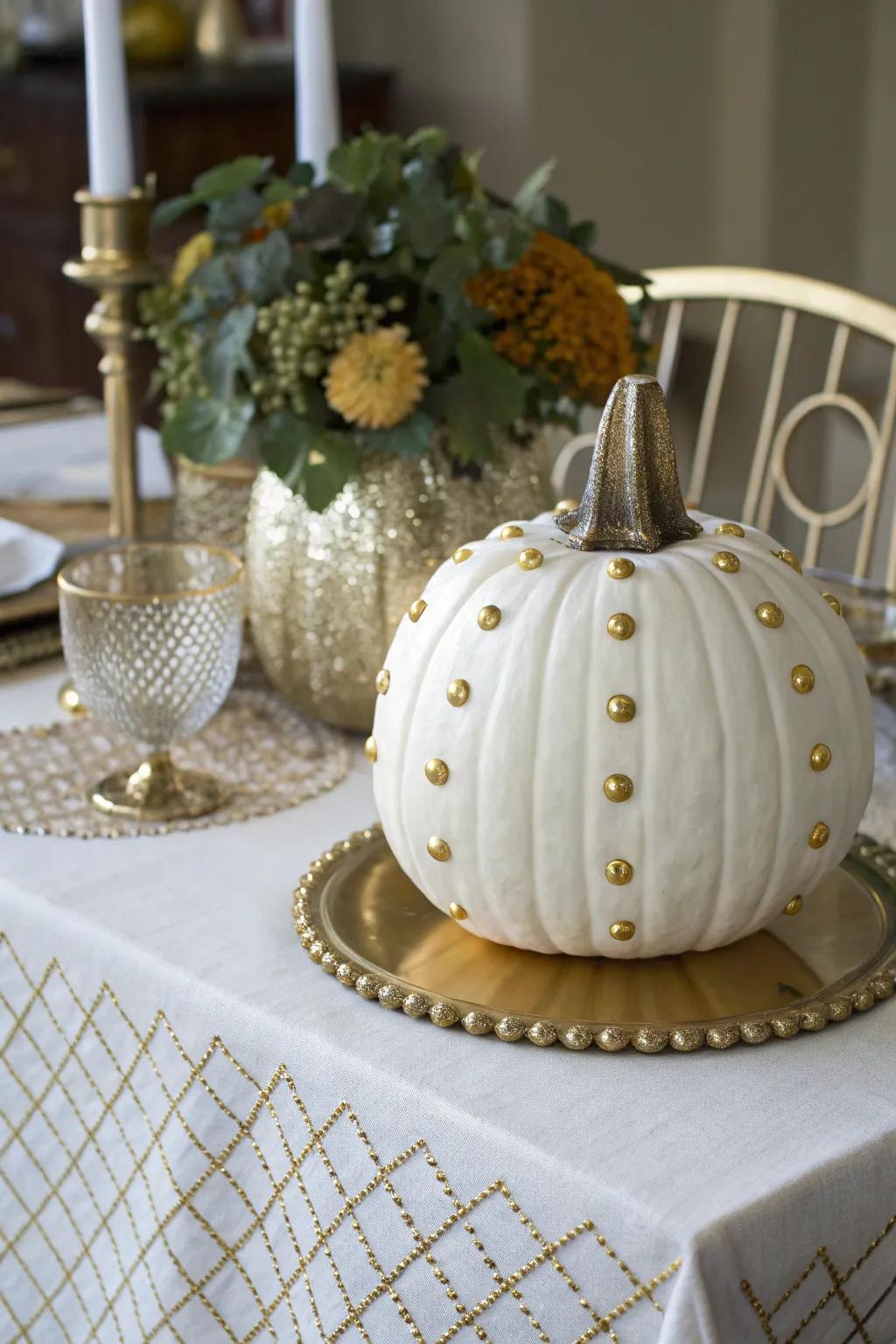 Rivet-covered pumpkins provide a hint of glam to your décor.