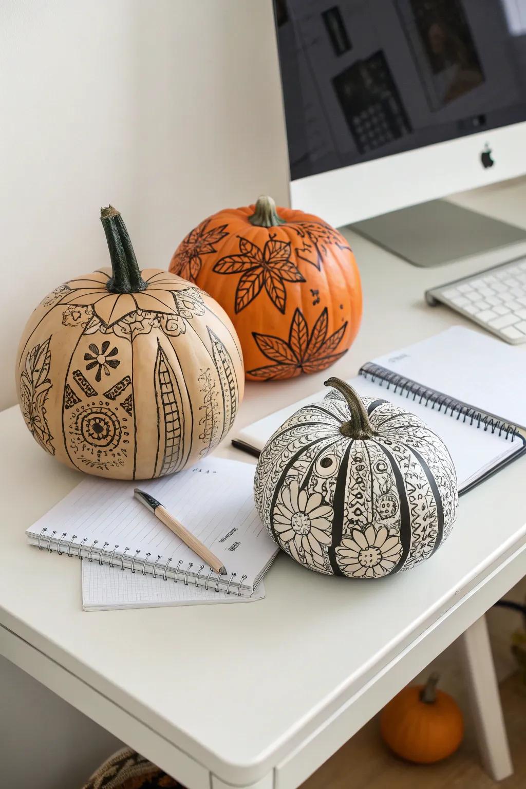 Fashion intricate patterns effortlessly using permanent pen artwork pumpkins.