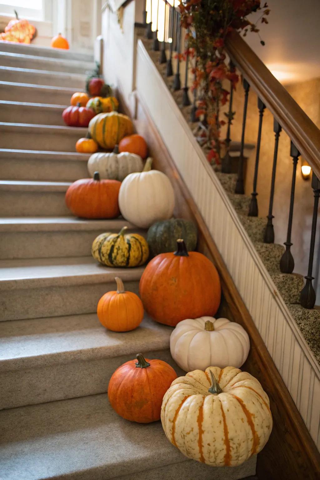 A charming staircase display featuring a variety of pumpkins.