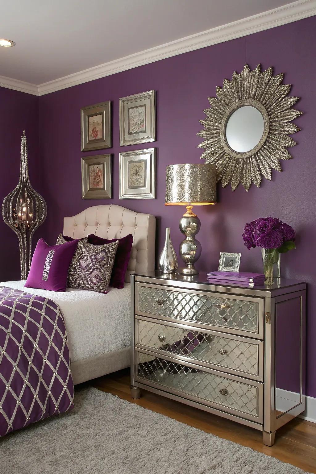 Refined metallics adding glamor to purple walls.