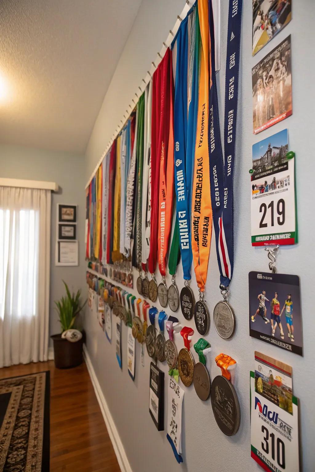 Bibs and medals as wall art show your story in an artistic way.