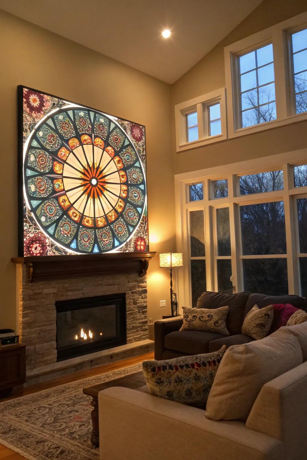 A family room featuring an interactive piece of radial artwork hanging on the wall.