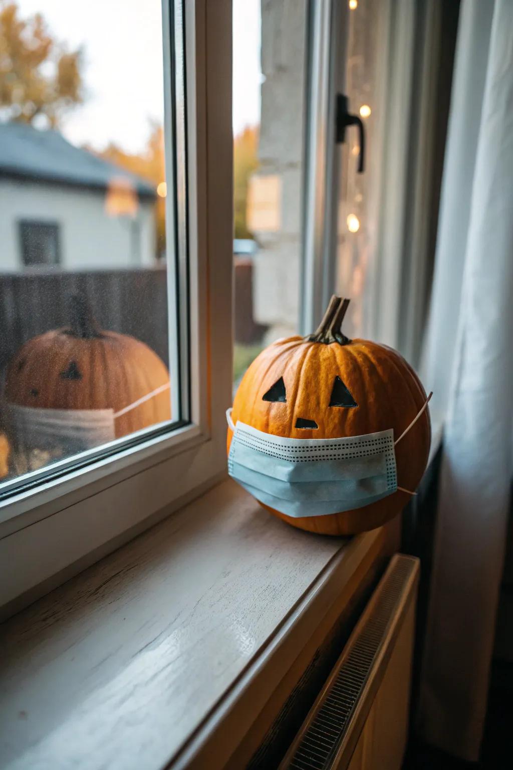 Pumpkin with surgical mask for a timely decor