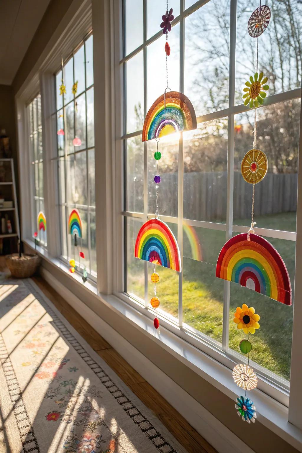 Rainbow catchers introducing enchantment to a sunny space.