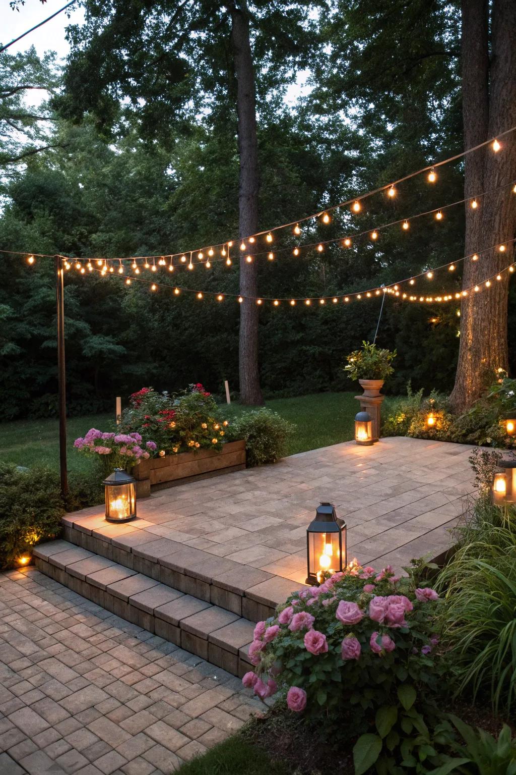 Creative lighting sets the patio's atmosphere.