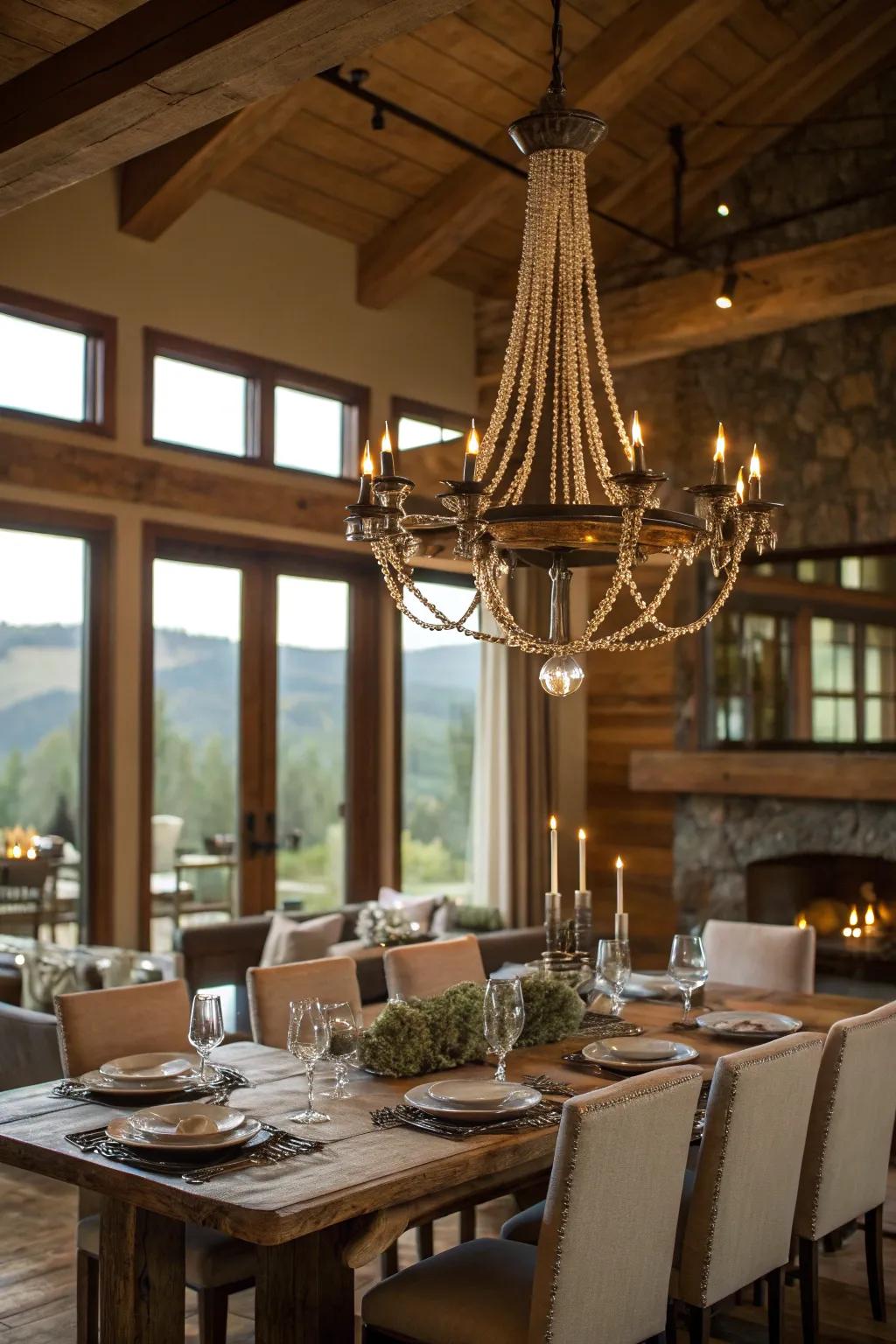 A dramatic chandelier adds elegance and focus to this ranch house dining area.