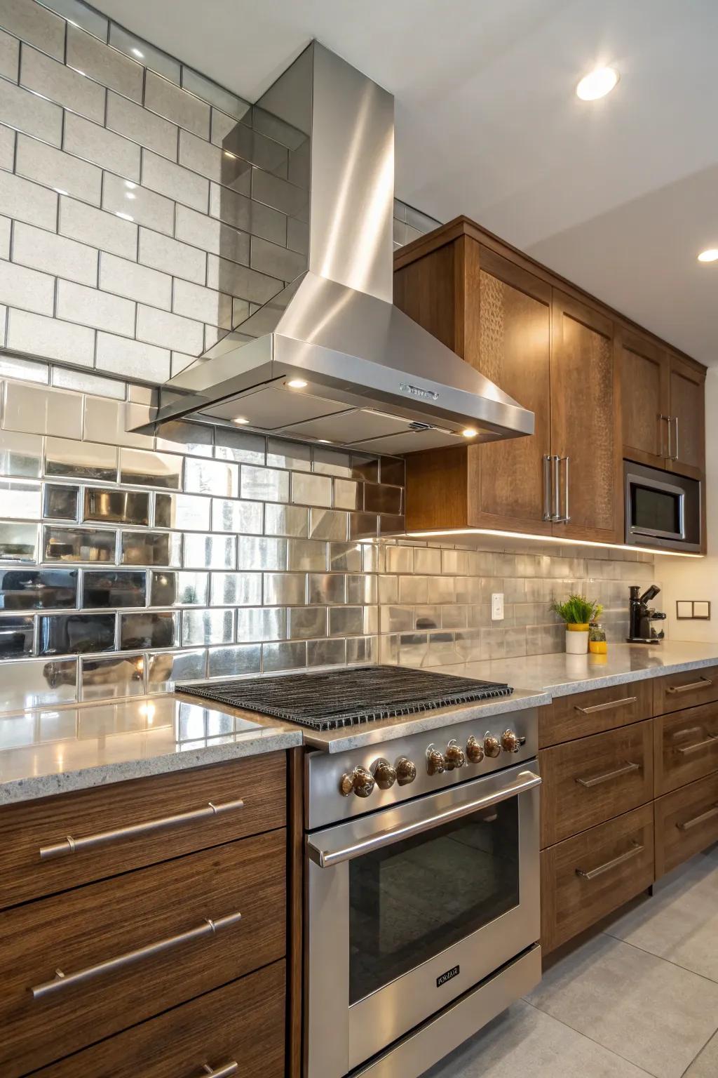 Kitchen with reflective tile backsplash enhancing light with a sleek metallic range hood.