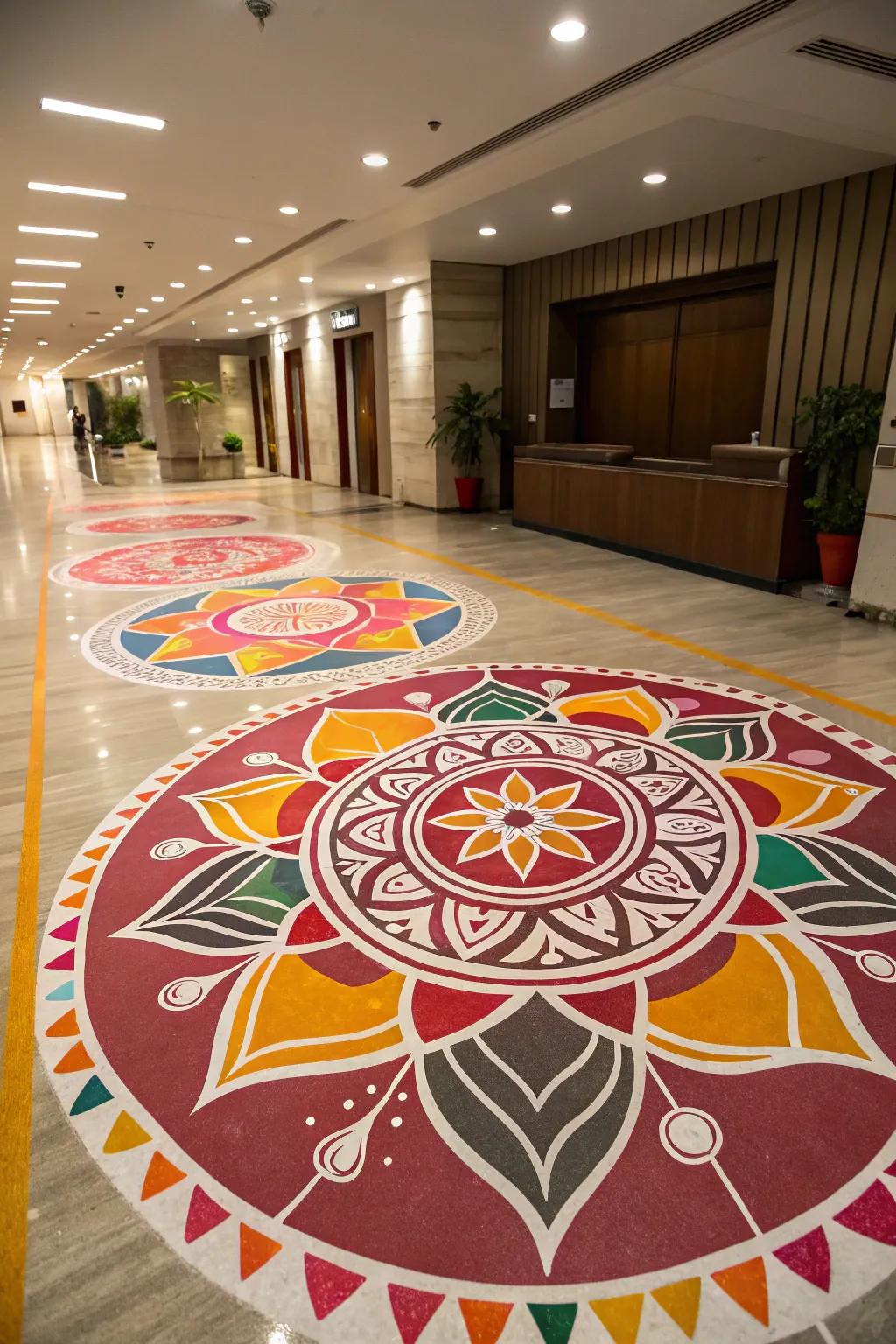 Abstract expression introduces this rangoli a modern and artistic flair.
