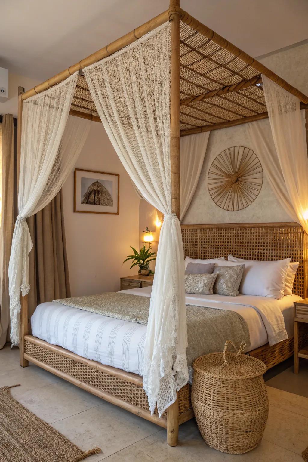 A rattan canopy bed includes drama and sophistication to your room.