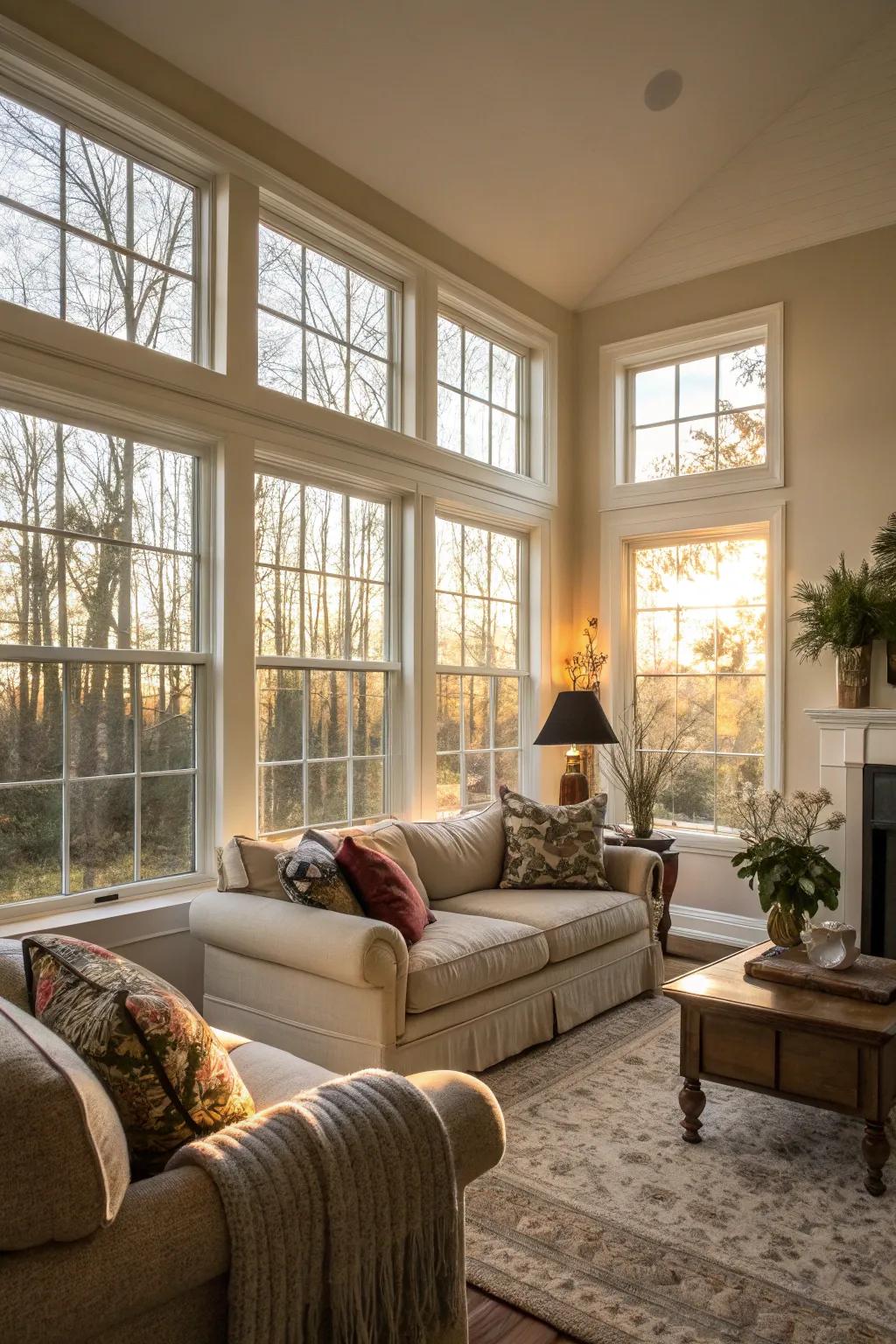 A bright and spacious living room with expanded windows.