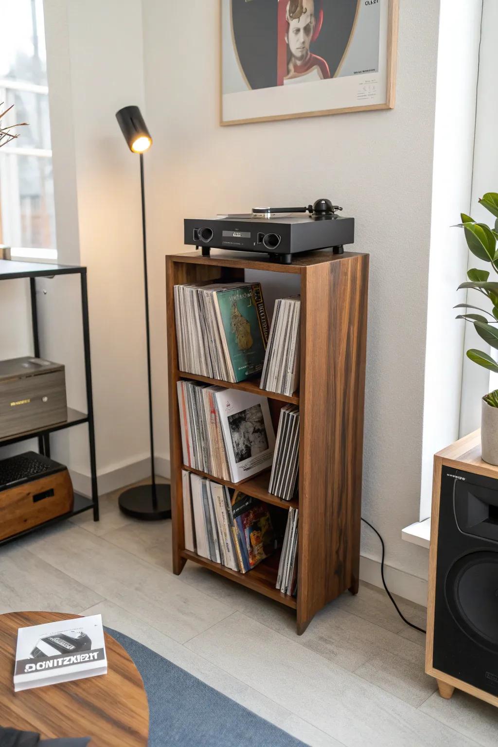 Standing shelf for a small record player setup.