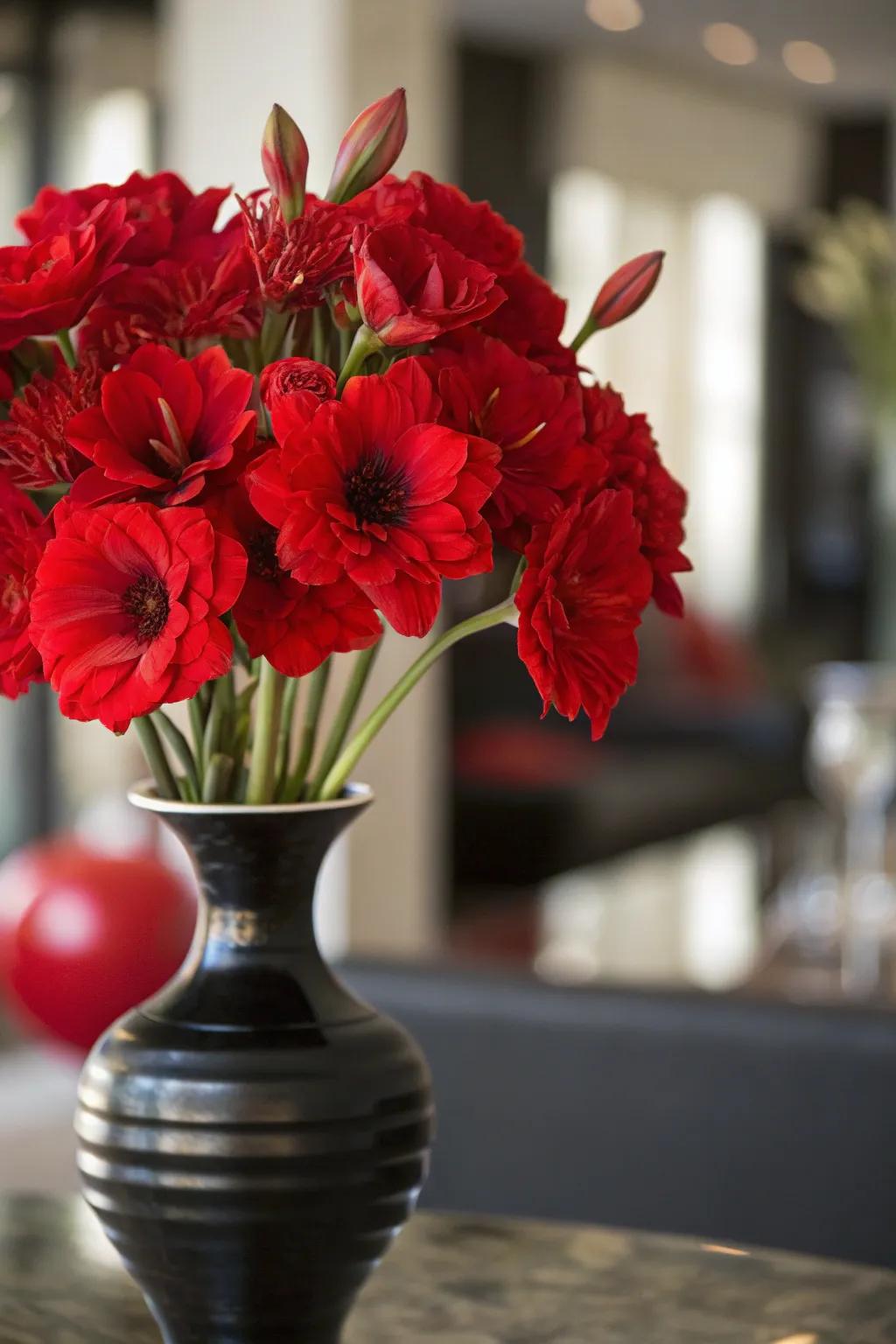 Large scarlet flowers positioned within a striking charcoal container forming a strong impression.