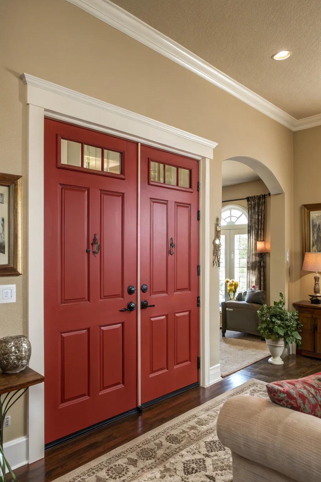 Crimson painted doors add a subtle yet impactful statement.