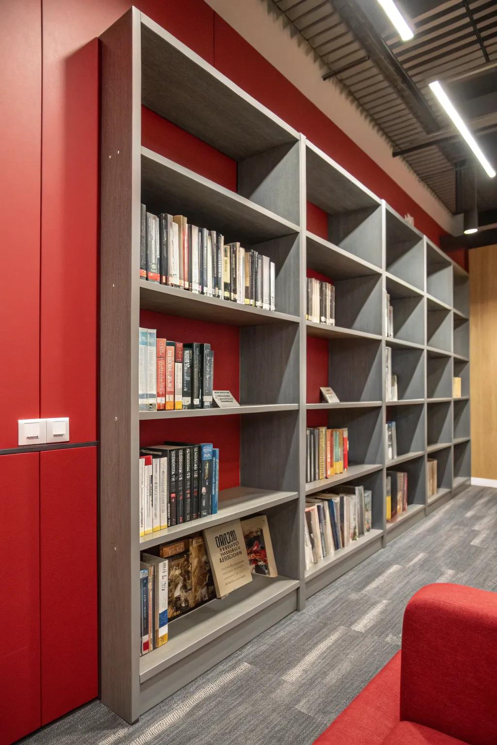 Shelving units featuring scarlet backing and ash shelves make a daring assertion.