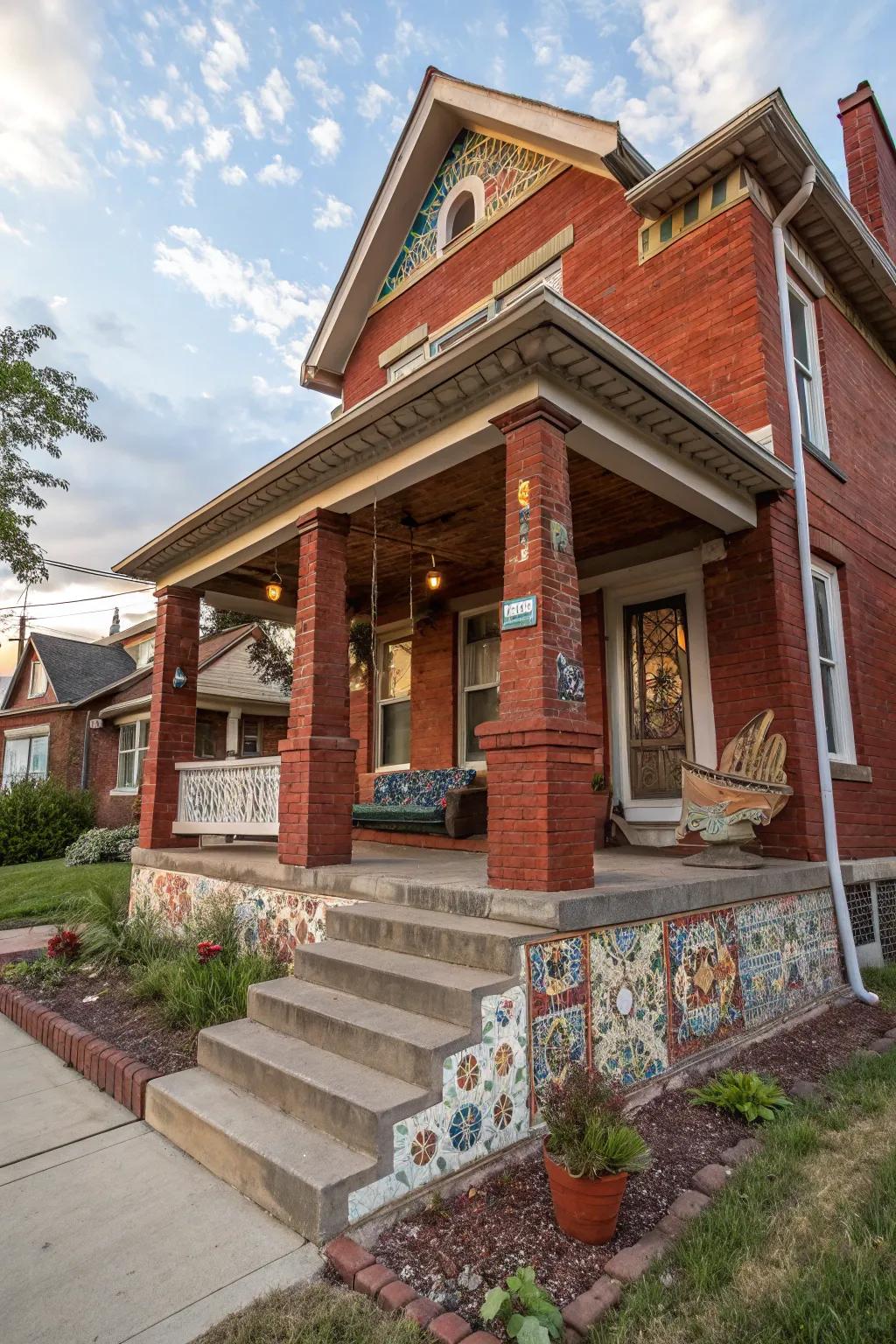 Creative pavement art adds artistic flair to this red brick porch.