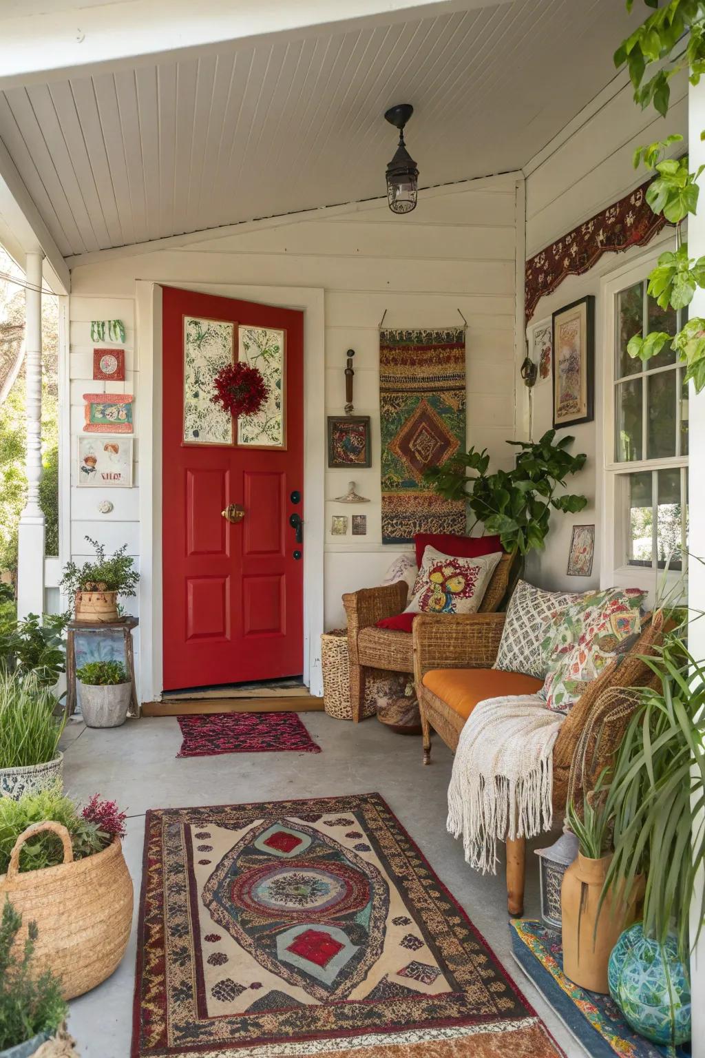 Bohemian home with a red door, full of artistic charm.