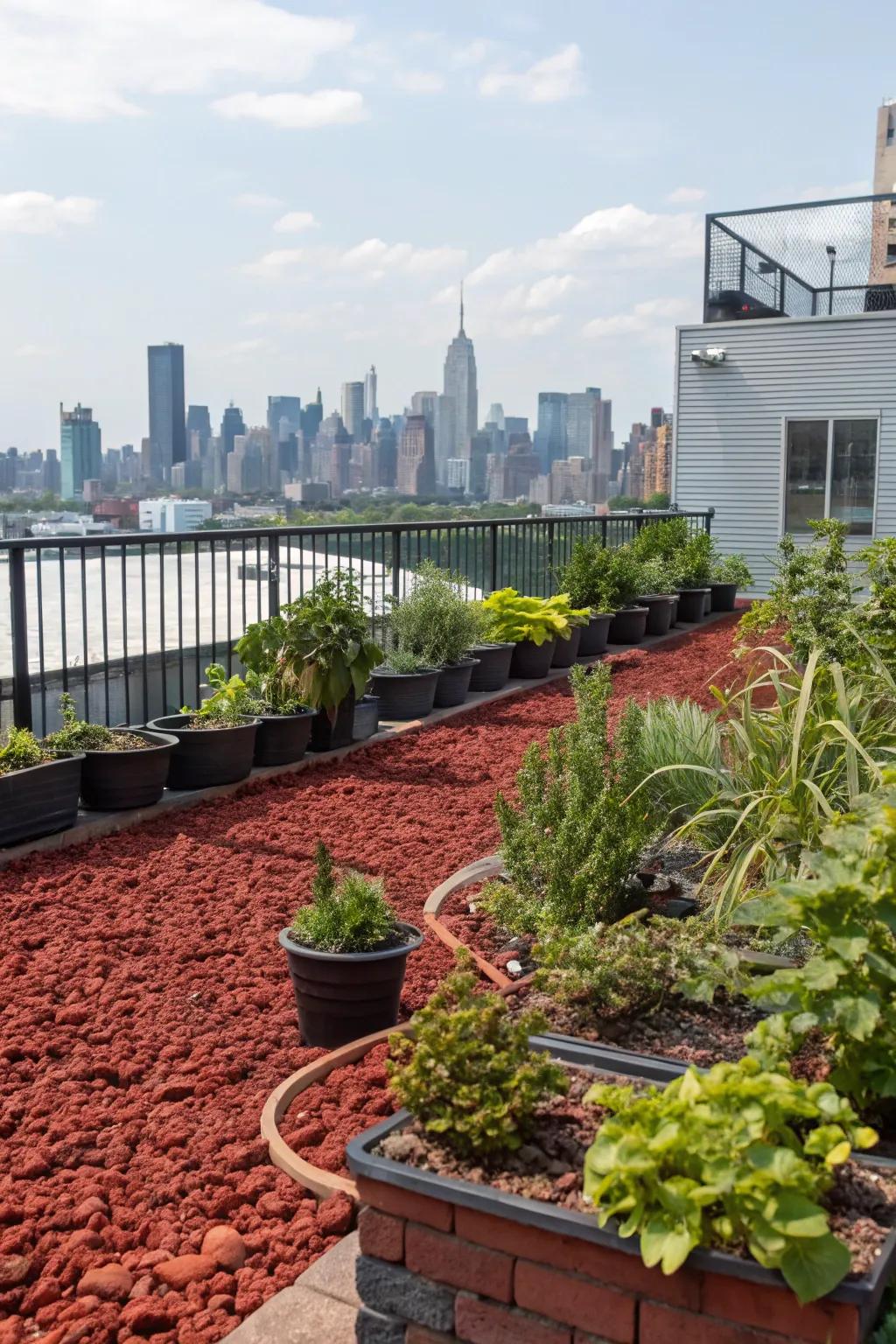 Scarlet igneous stones impart flair and utility to this elevated garden getaway.