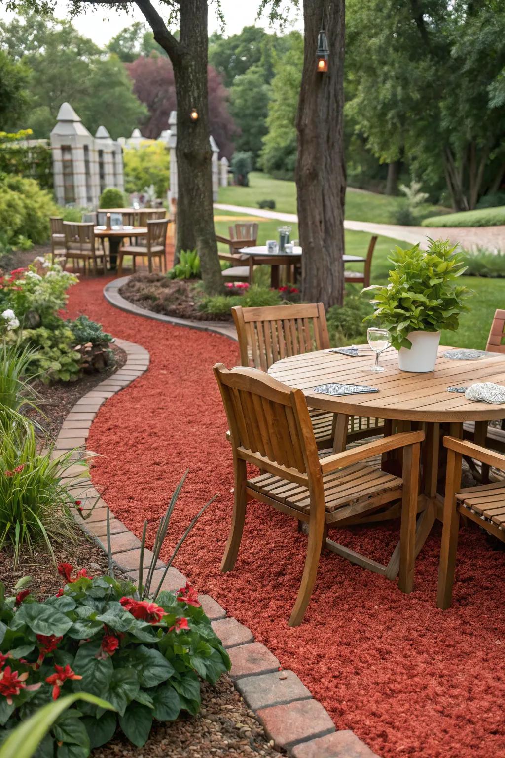 Scarlet ground cover emphasizes outdoor dining areas, rendering meals feel unparalleled.