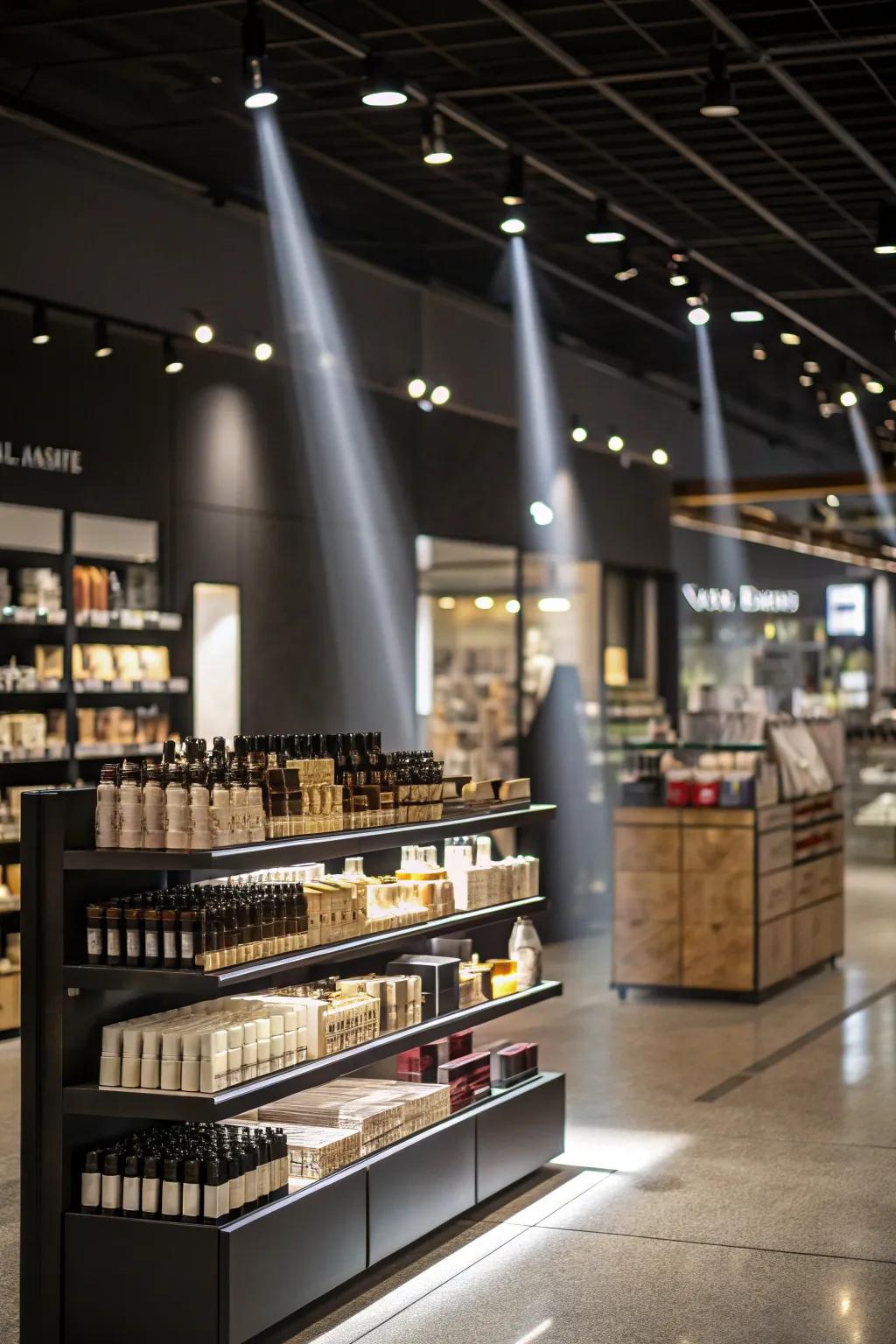 Directional spotlights accentuating textures and product specifics.