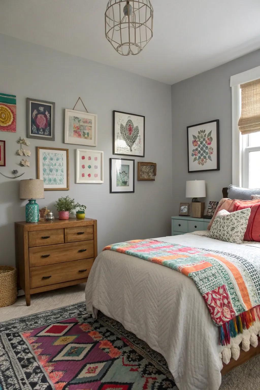 Varied details add personality to a Gentle Gray bedroom.