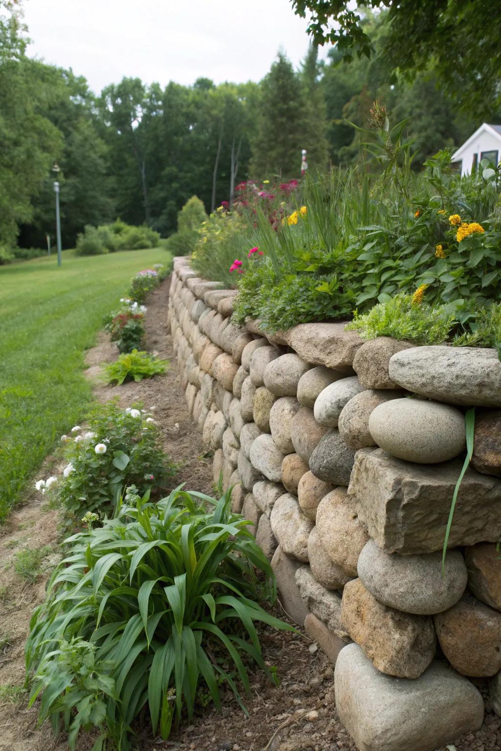 A river rock retaining wall blends function with natural beauty in the garden.