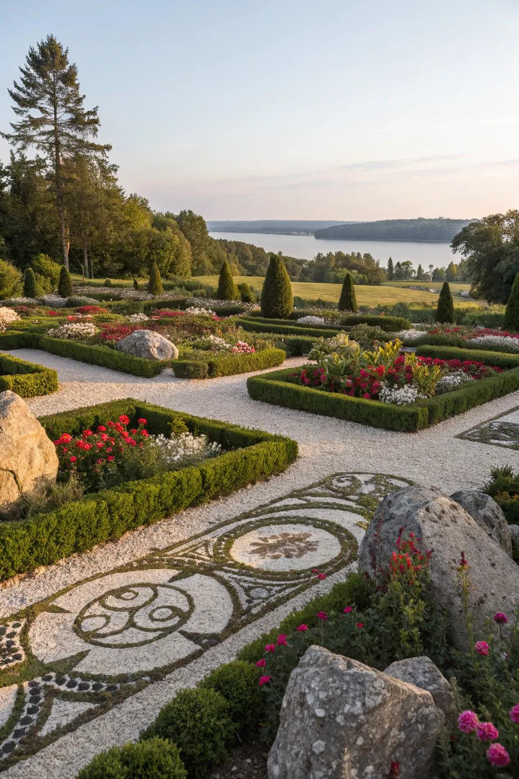 Geometric stone patterns bringing an artistic flair to the garden layout.