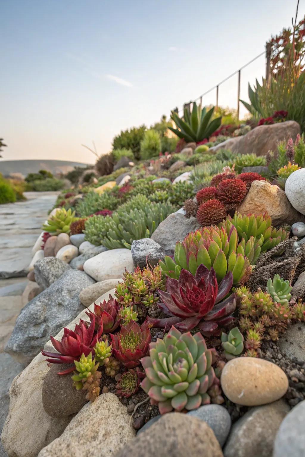 Multicolored desert plants add bright bursts of shade to a rock garden.
