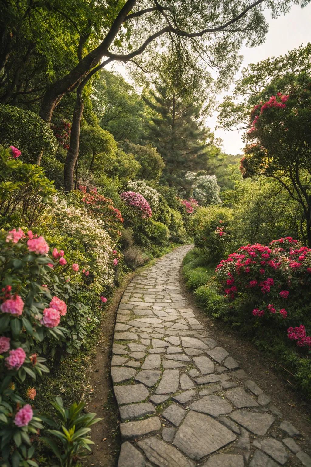 Blossoming vegetation transforms trails into seasonal showcases.
