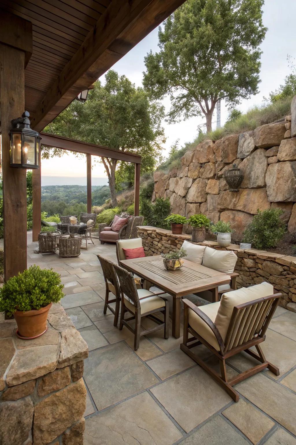 Expand patio expanse with stone walls for fluid alfresco dwelling.