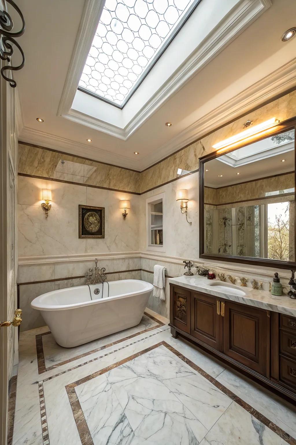 A skylight brings more light and an open atmosphere to this bath.