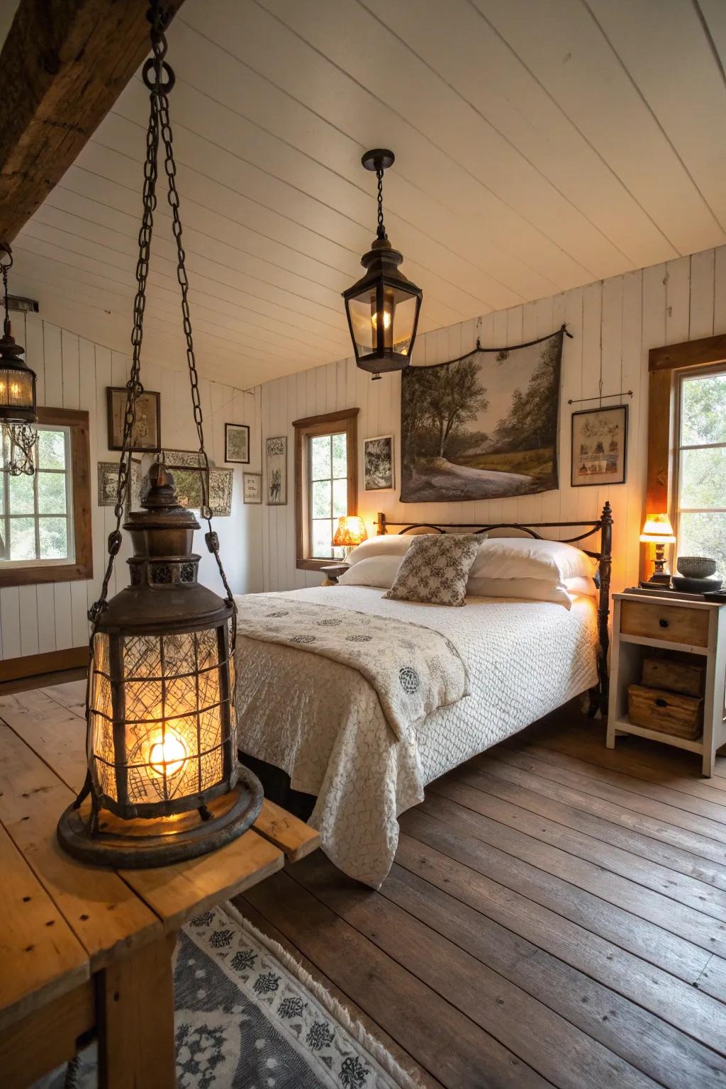 Country-style lanterns offer a cozy radiance.